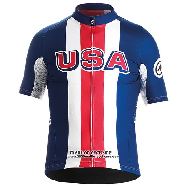 2018 Maillot Ciclismo USA Bleu Rouge Blanc Manches Courtes et Cuissard